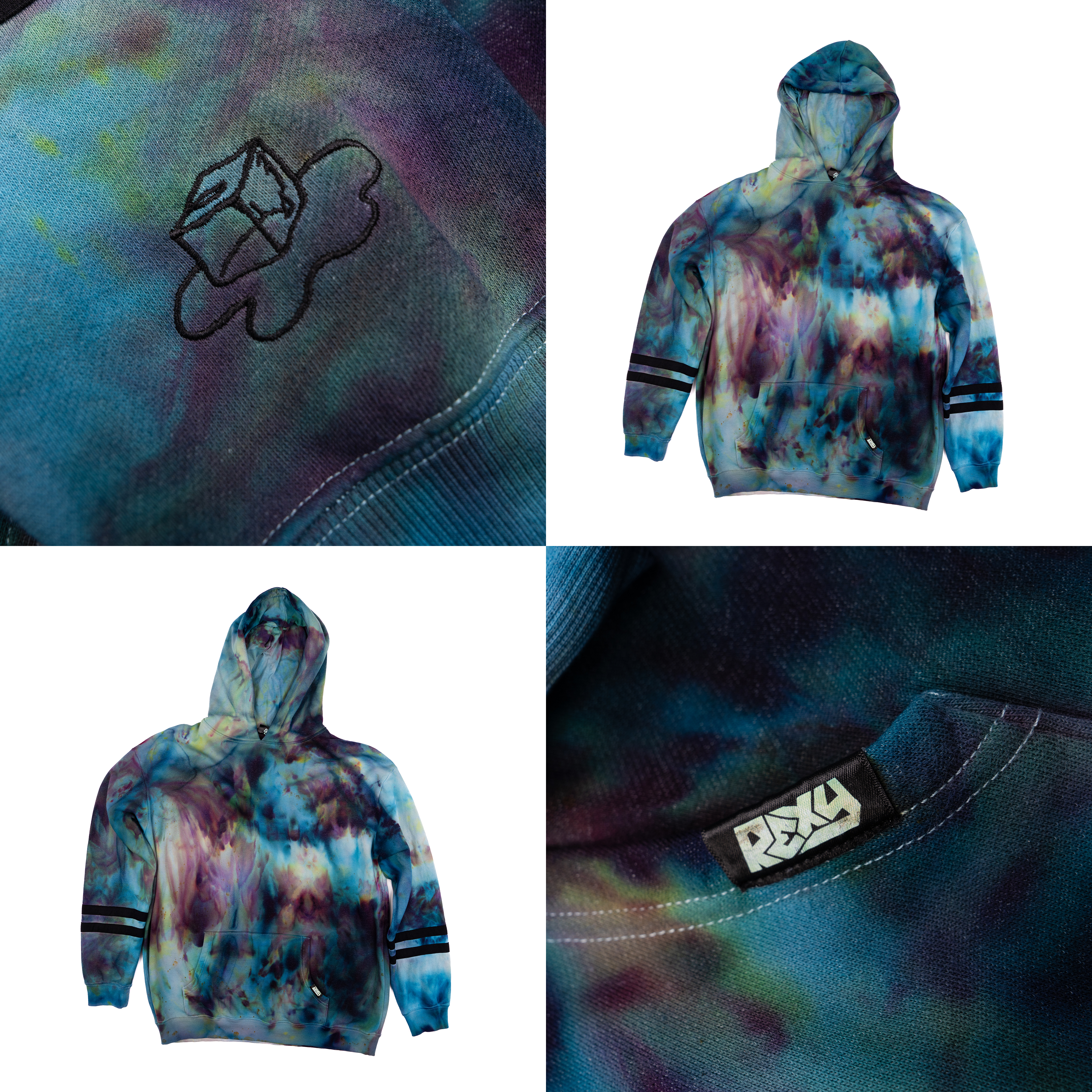 Rexy Clothing flat-lay photography of a tie-dye hoodie